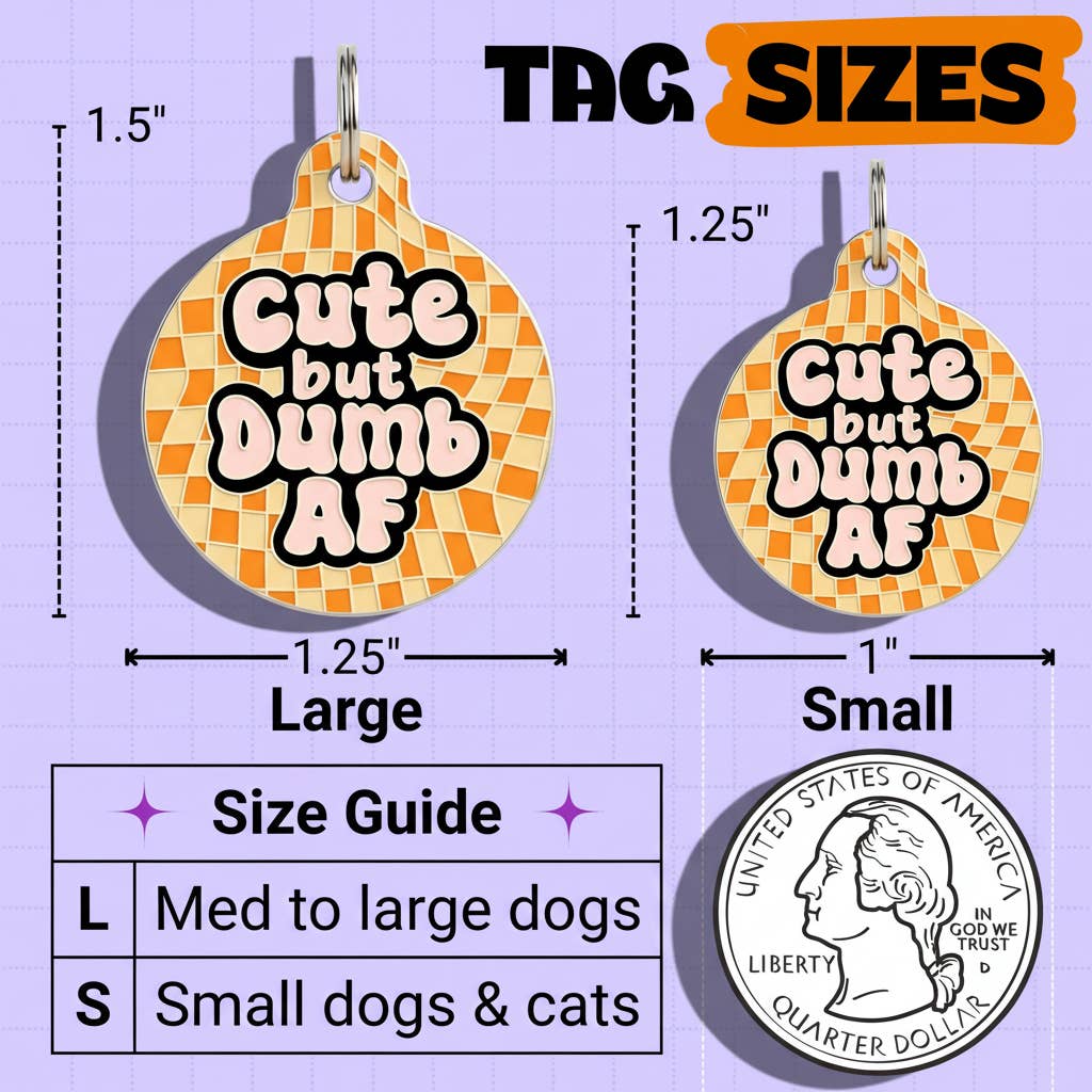 Funny Dog Tag Charm & Pet ID Accessory - Cute but Dumb AF: Collar Charm (blank backside) / Small 1"