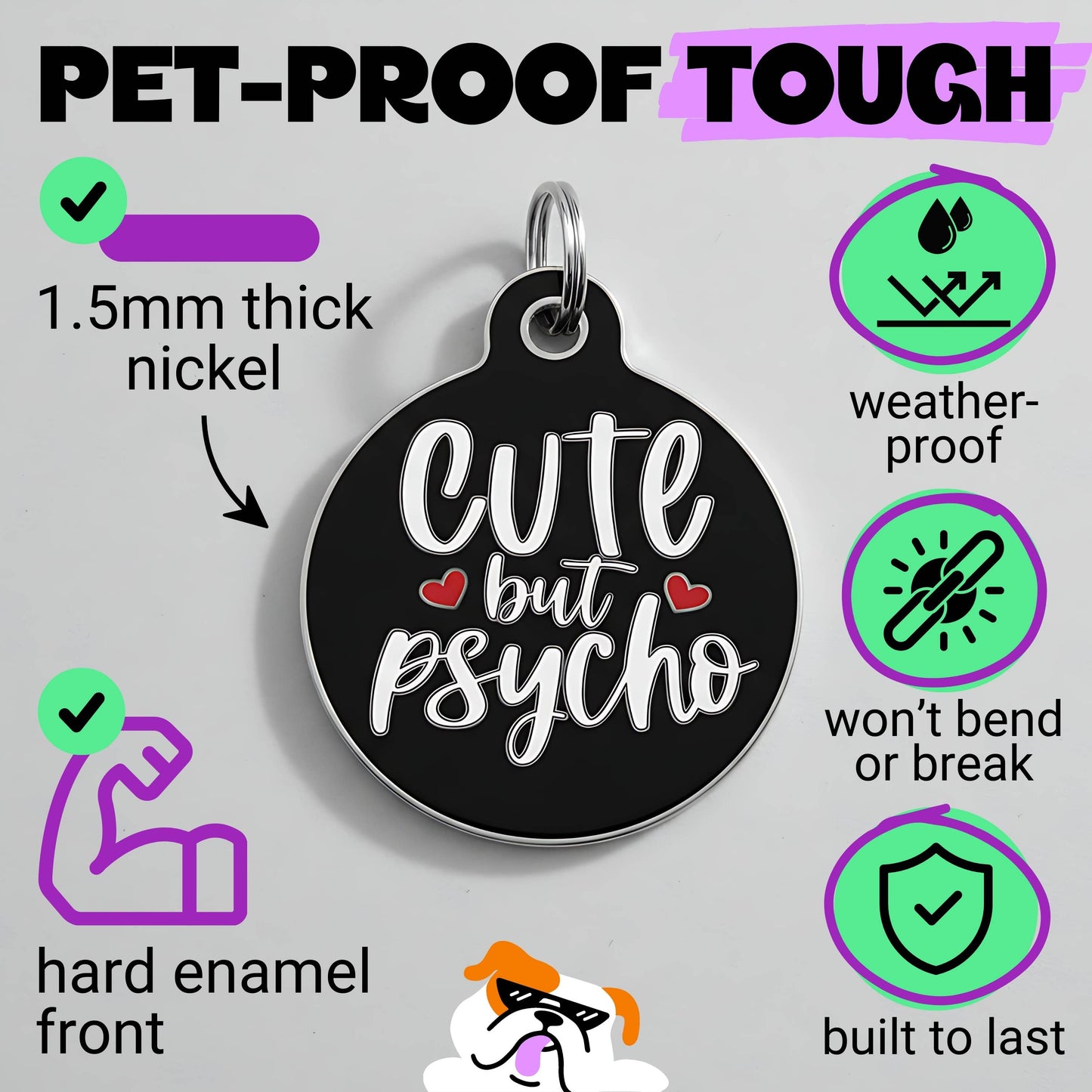 Funny Dog Collar Charm & Pet ID Tag - Cute but Psycho *Black: Collar Charm (no QR code) / Large 1.25"