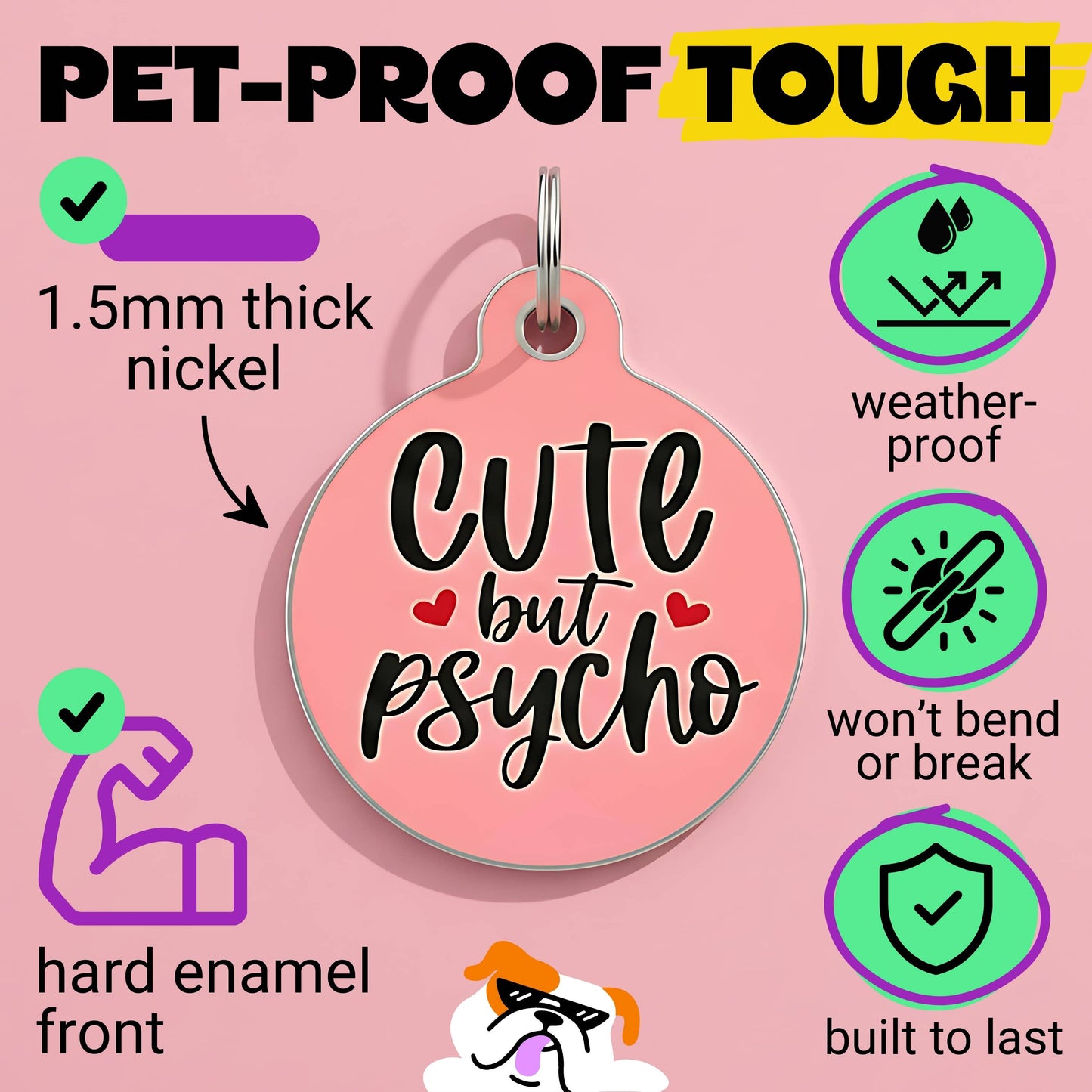 Funny Dog Charm & Pet ID Tag - Cute but Psycho *Pink: Engraved QR Code / Large 1.25"