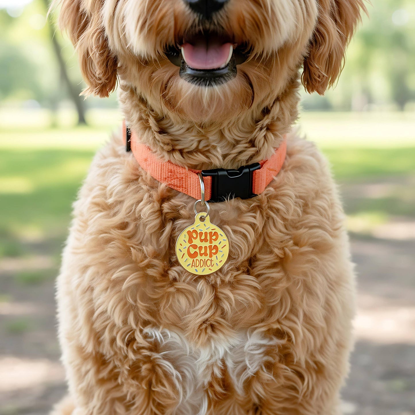 Cute Dog Charm & Pet ID Tag - Pup Cup Addict: Collar Charm (blank backside) / Large 1.25"