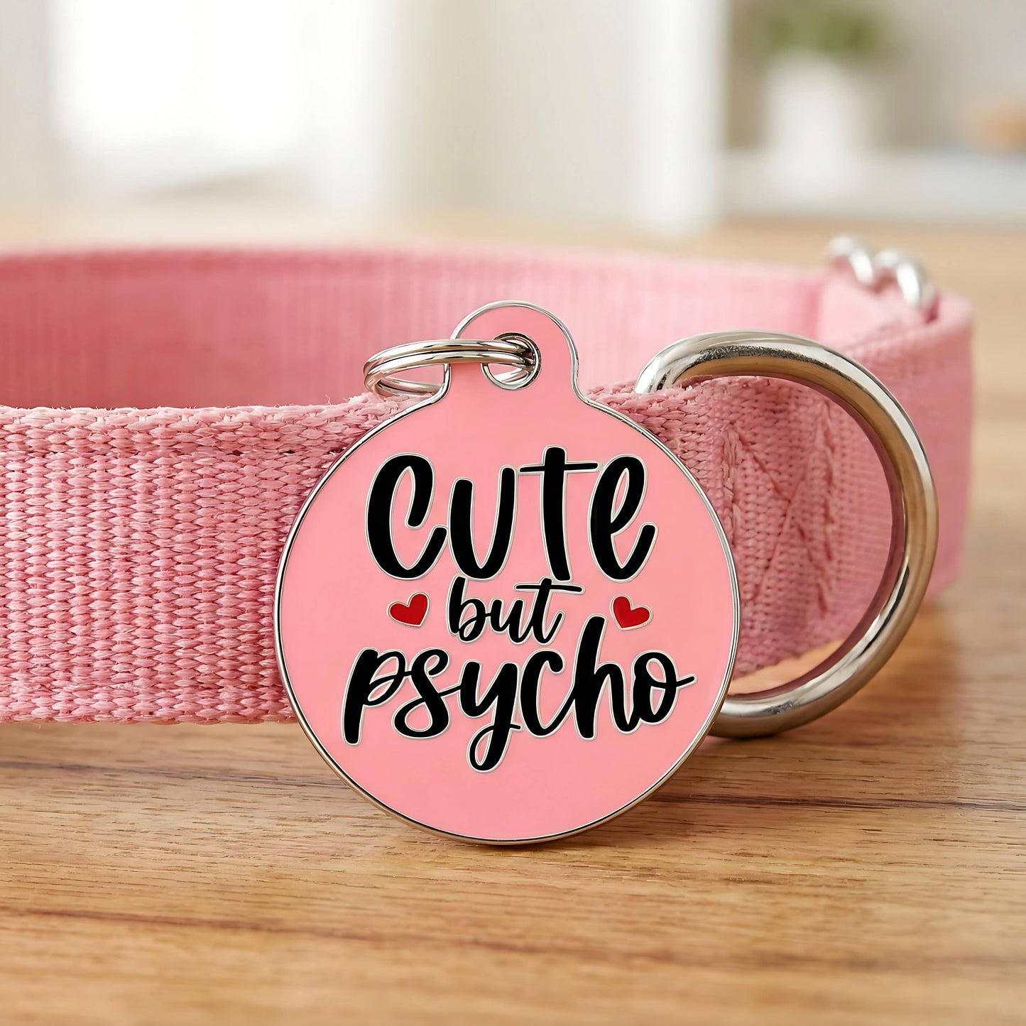Funny Dog Charm & Pet ID Tag - Cute but Psycho *Pink: Engraved QR Code / Large 1.25"