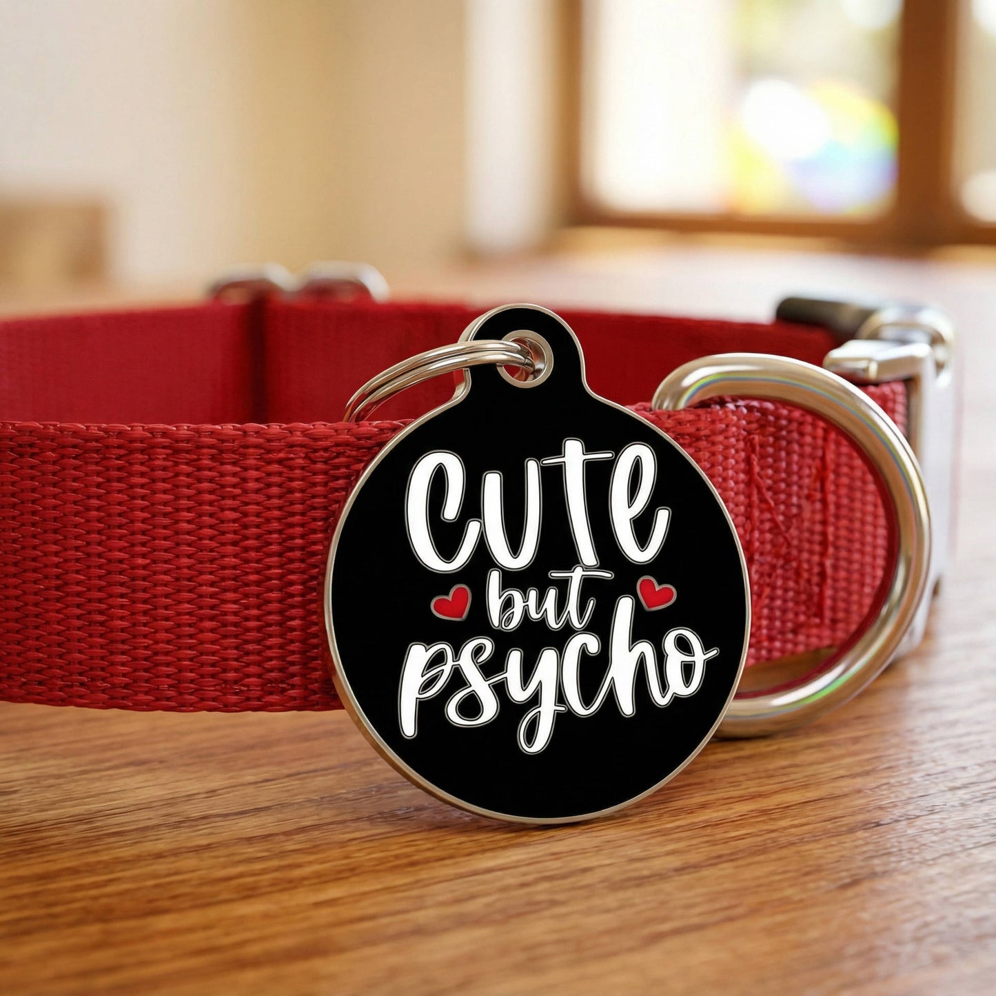 Funny Dog Collar Charm & Pet ID Tag - Cute but Psycho *Black: Collar Charm (no QR code) / Large 1.25"