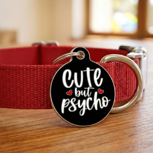 Funny Dog Collar Charm & Pet ID Tag - Cute but Psycho *Black: Collar Charm (no QR code) / Large 1.25"