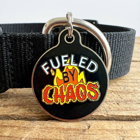 Funny Dog Charm & Pet ID Tag - Fueled by Chaos: Collar Charm (Blank Backside) / Small 1"