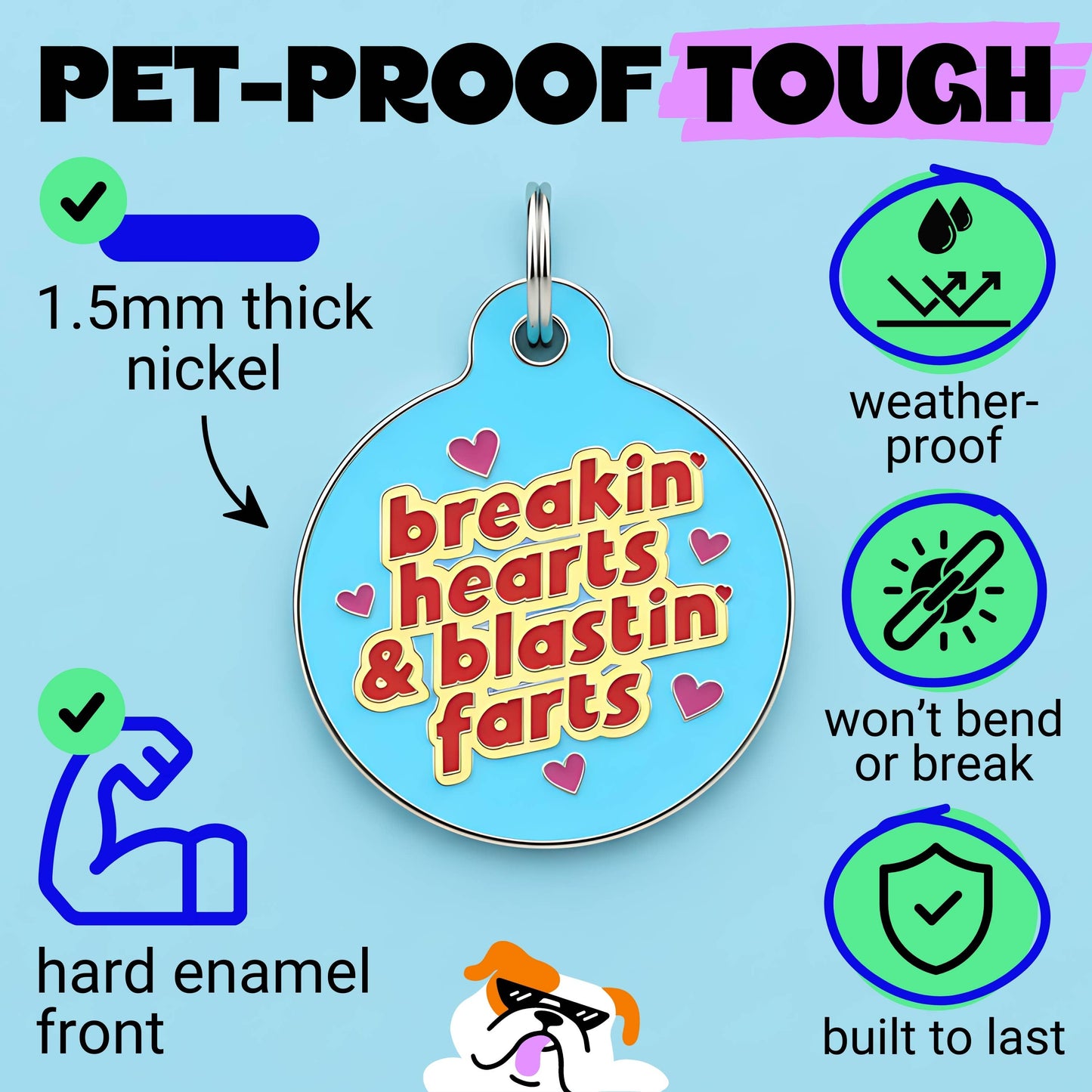 Funny Dog Charm & Pet ID Tag - Breakin Hearts, Blastin Farts: Collar Charm (blank backside) / Small 1"