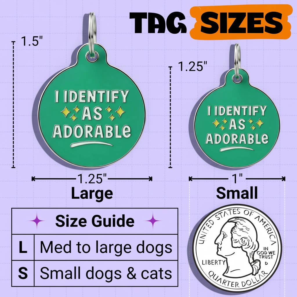 Funny Dog Charm & Pet ID Tag - I Identify as Adorable: Collar Charm (blank backside) / Large 1.25"