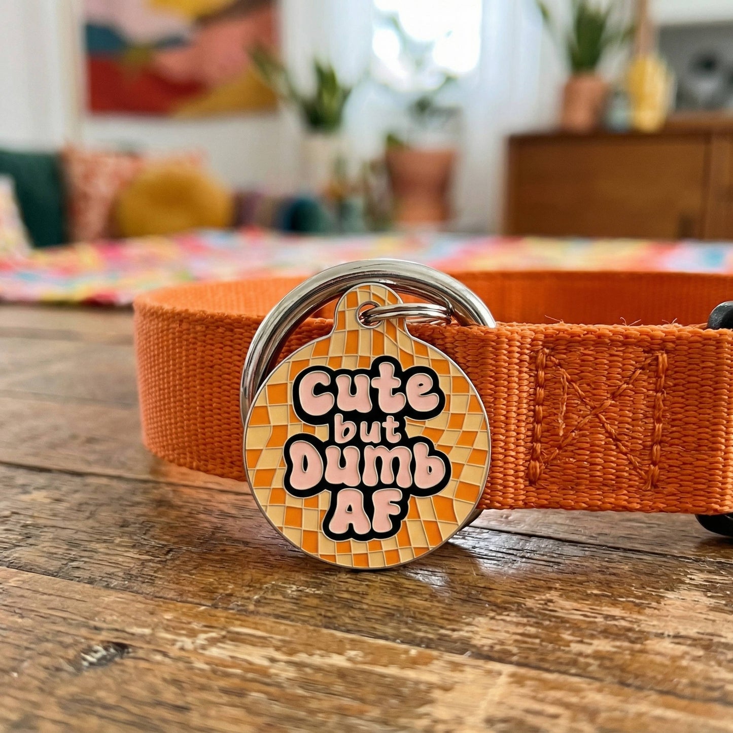 Funny Dog Tag Charm & Pet ID Accessory - Cute but Dumb AF: Collar Charm (blank backside) / Small 1"