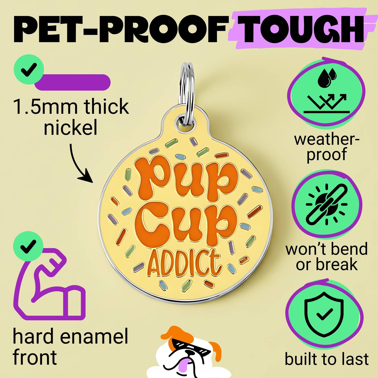 Cute Dog Charm & Pet ID Tag - Pup Cup Addict: Collar Charm (blank backside) / Large 1.25"