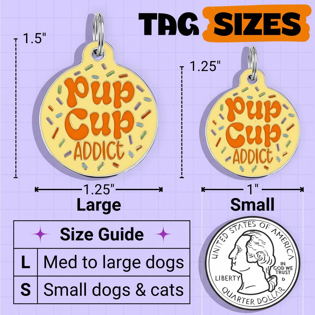 Cute Dog Charm & Pet ID Tag - Pup Cup Addict: Collar Charm (blank backside) / Large 1.25"