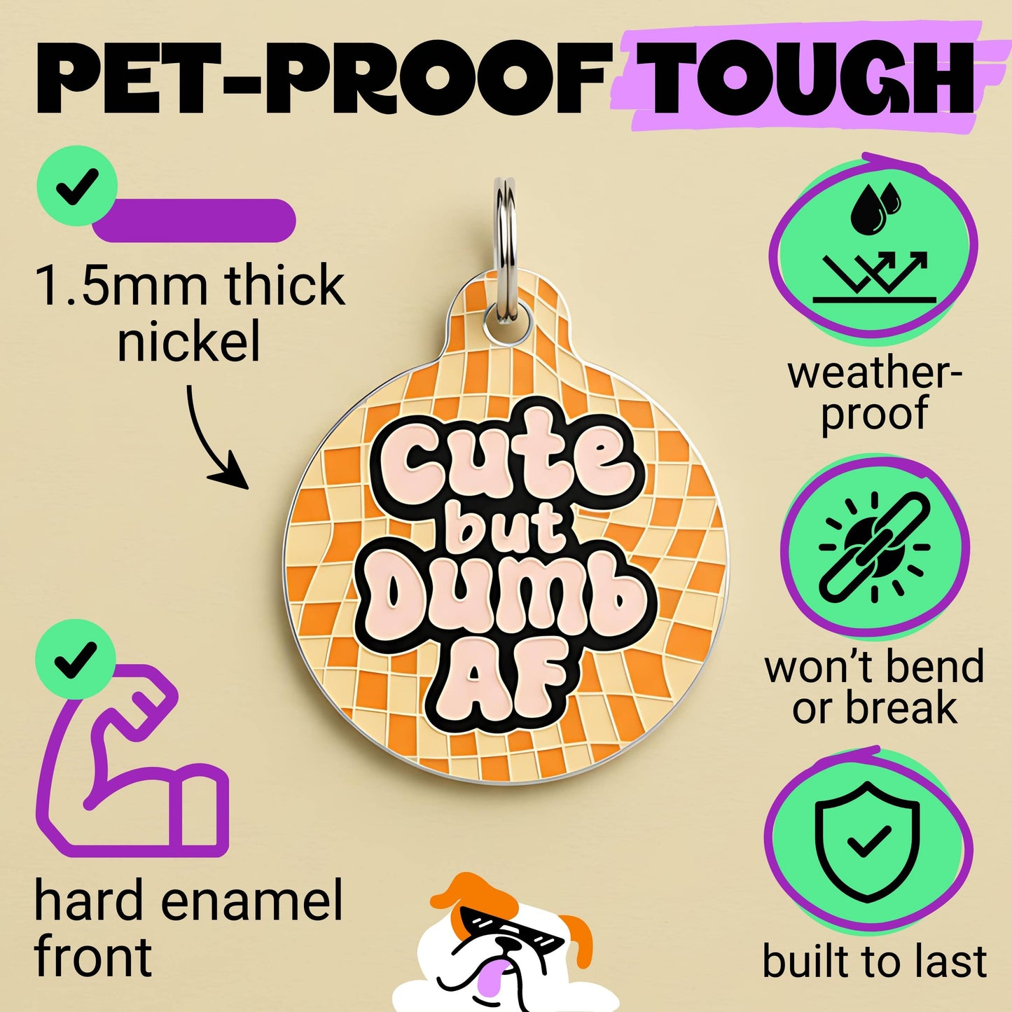Funny Dog Tag Charm & Pet ID Accessory - Cute but Dumb AF: Collar Charm (blank backside) / Small 1"