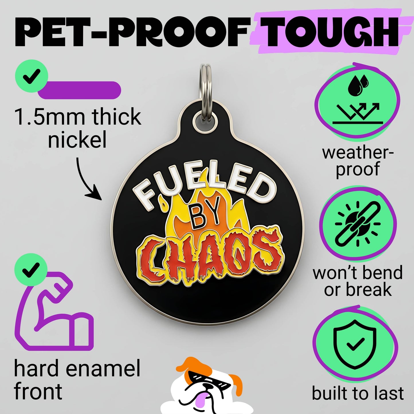 Funny Dog Charm & Pet ID Tag - Fueled by Chaos: Collar Charm (Blank Backside) / Small 1"