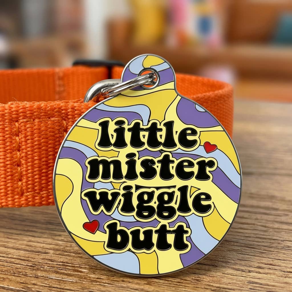 Cute Dog Charm & Pet ID Tag - Little Mister Wiggle Butt : Collar Charm (blank backside) / Large 1.25"