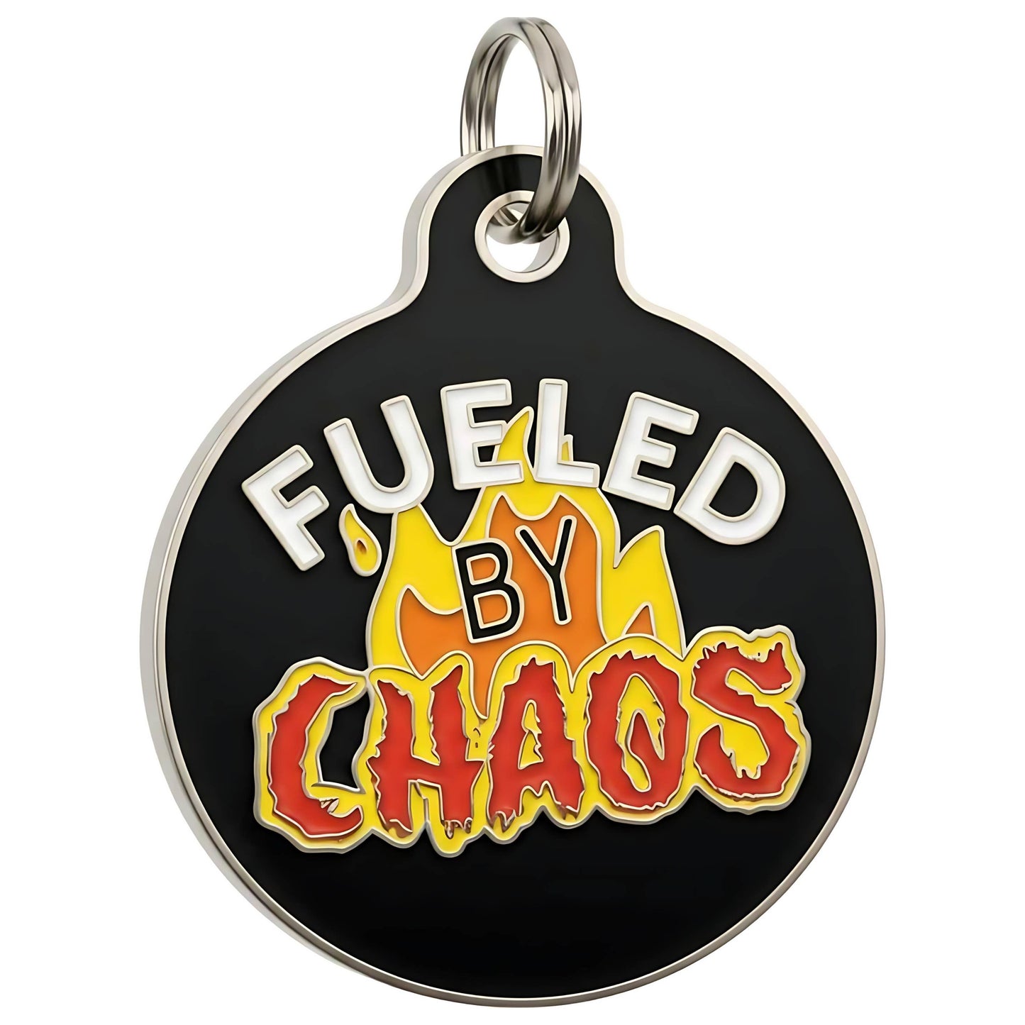 Funny Dog Charm & Pet ID Tag - Fueled by Chaos: Collar Charm (Blank Backside) / Small 1"