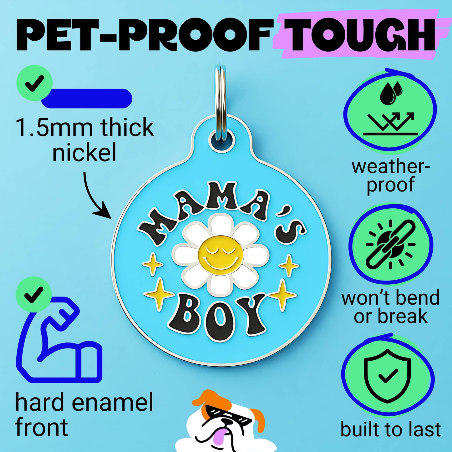 Cute Pet Tag & Dog Collar Charm - Mama's Boy *Blue: Collar Charm (blank backside) / Small 1"
