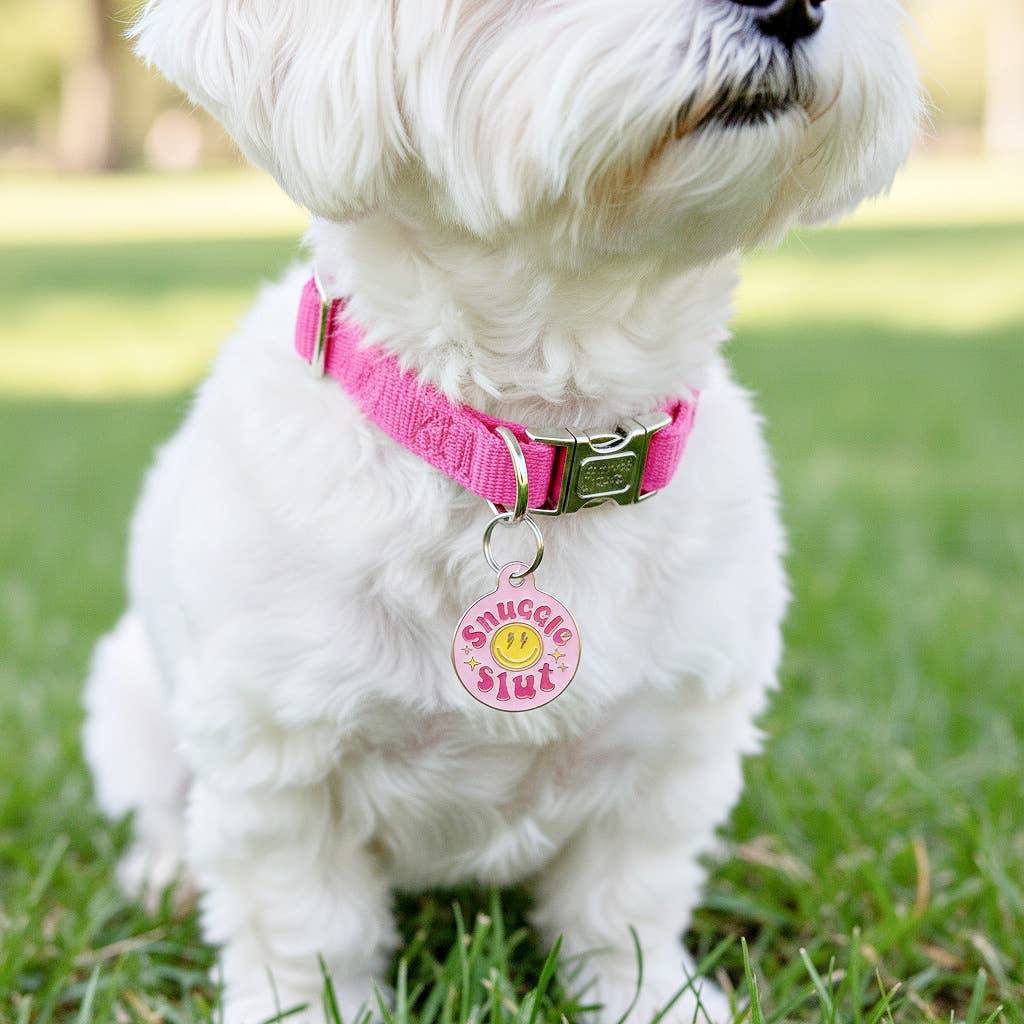 Funny Dog Tag & Pet ID Collar Charm - Snuggle Slut *Pink: Collar Charm (blank backside) / Small 1"