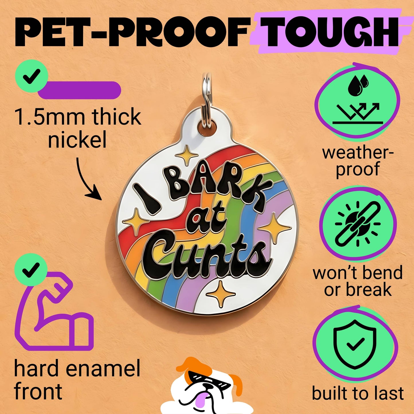 Funny Dog Charm & Pet ID Tag - I Bark at Cunts *Rainbow: Small 1" / Collar Charm (Blank Backside)