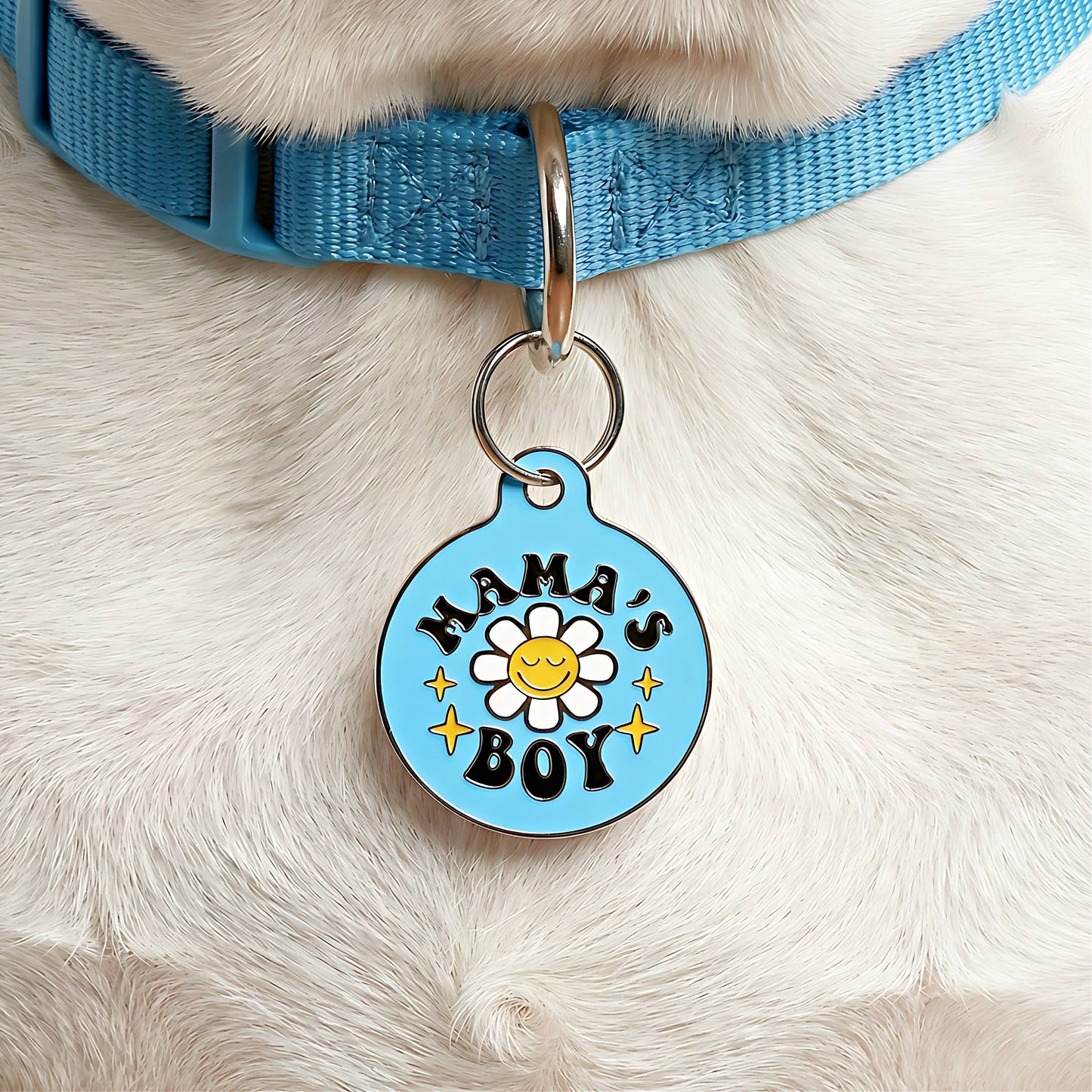 Cute Pet Tag & Dog Collar Charm - Mama's Boy *Blue: Collar Charm (blank backside) / Small 1"