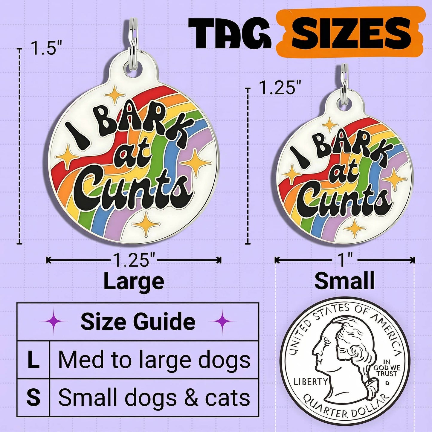 Funny Dog Charm & Pet ID Tag - I Bark at Cunts *Rainbow: Small 1" / Collar Charm (Blank Backside)