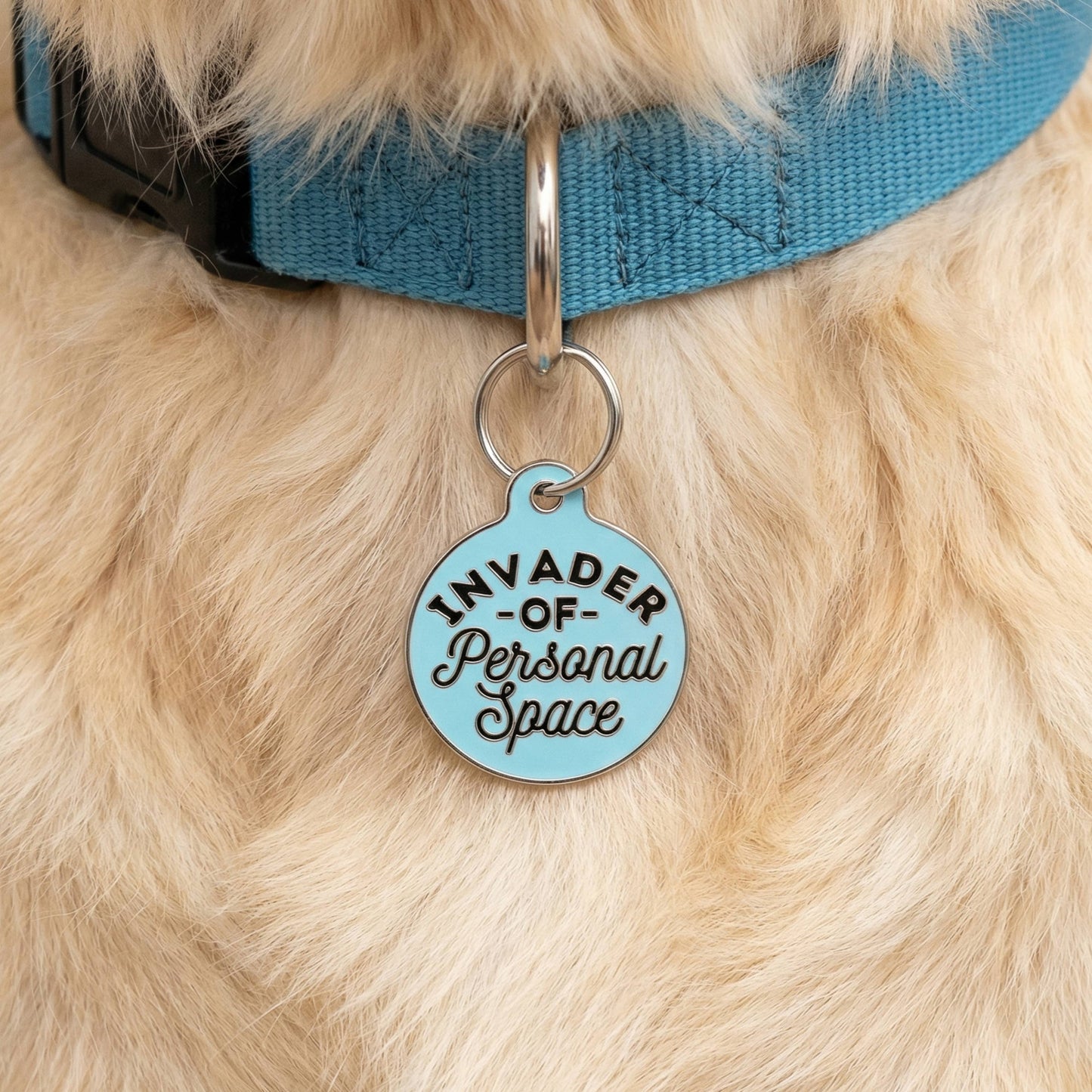 Funny Dog Charm & Pet ID Tag - Invader Personal Space *Blue: Collar Charm (backside blank) / Large 1.25"